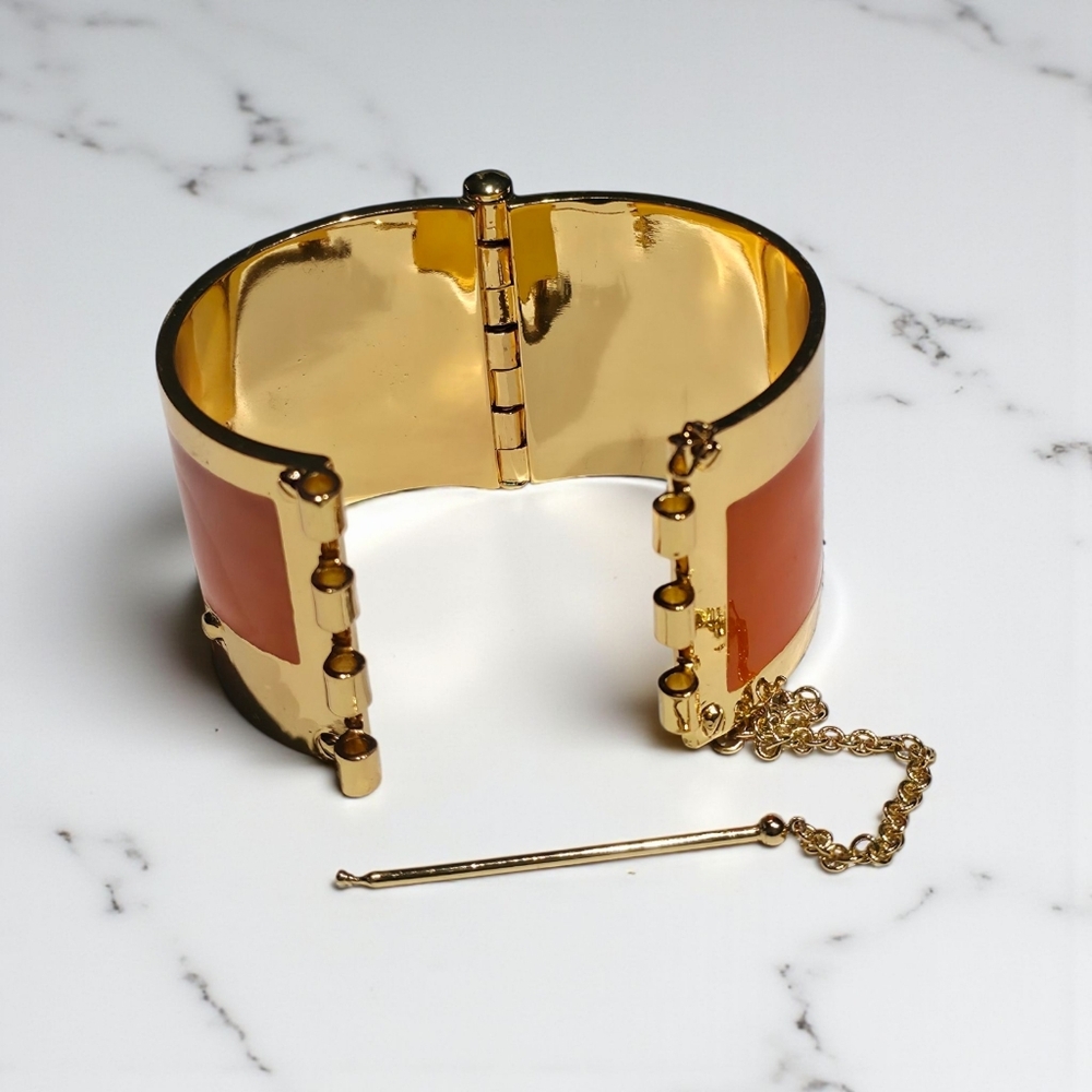 CC Skye Orange Enamel Gold Tone Wide Hinged Cuff Bracelet Chain Safety Clasp